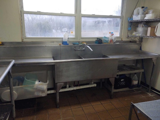 2-Bay stainless steel sink, wire rack, brooms and mops