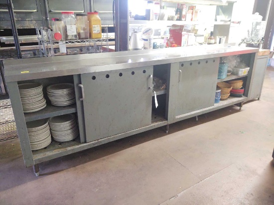 Metal Cabinet w/ Stainless Steel Top and assorted dishware, baskets, nutcrackers, flatware