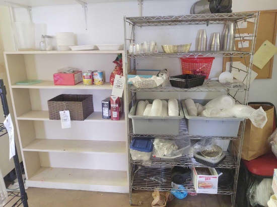 Wire shelf, wooden bookcase, assorted to-go containers