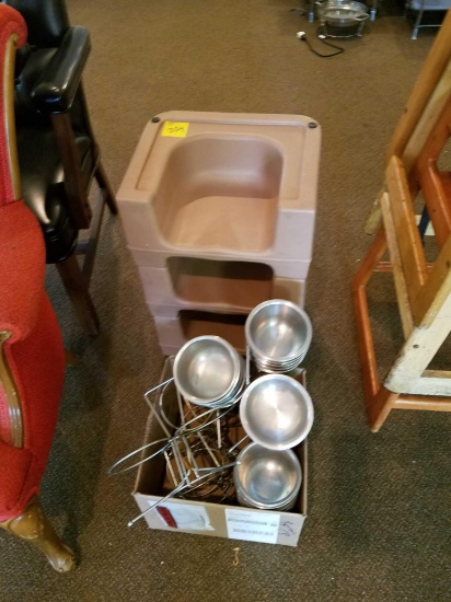 3 booster seats, serving dishes