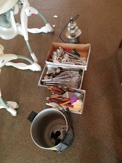 Assorted kitchen utensils, chocolate fountain, percolator no lid