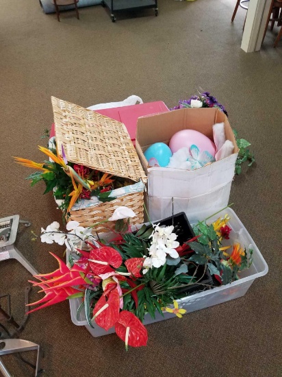 Assorted floral decor, hamper, Easter items