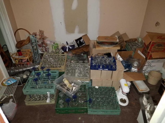 Contents of room, restaurant glassware, mixer, decor items