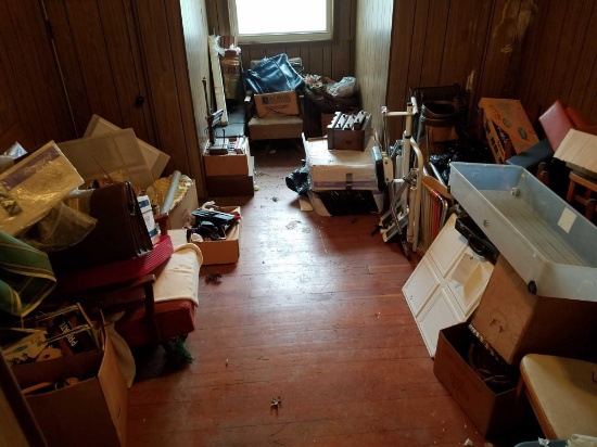 Contents of room, Office chairs, umbrella, decor, weight bench, hangers