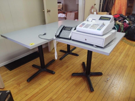Three tables, Sharp cash register, RCA phone and calculator