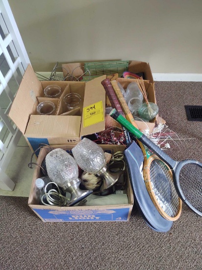 Assorted vases, decor and tennis rackets