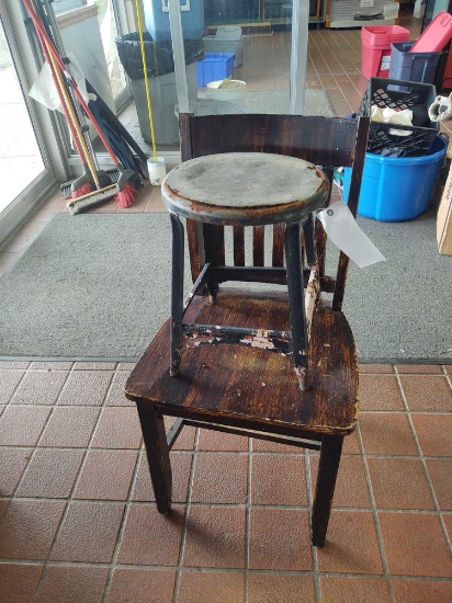 Wooden chair and metal stool