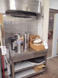 Stainless steel beverage station w/ iced tea Bunn Brewers assorted coffee filters & serving trays.