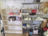 Wire shelf, wooden bookcase, assorted to-go containers