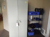 Two-door metal cabinet including gel chafer fuel, calculator tape and wire rack
