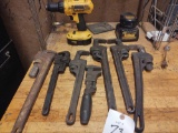 DeWalt 18v Cordless Drill w/ charger & Assorted pipe wrenches