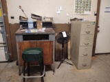 File cabinet, fan, desk and stool