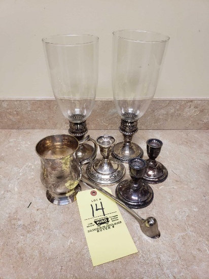 (5) Weighted Sterling Candle Holders, Unmarked Cup, Snuffer