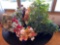 Artificial flowers, Fenton amber glass basket.