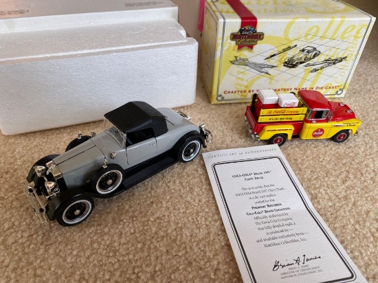 1928 Lincoln Coupe Roadster 1:32 scale, Matchbox 1957 replica Coca-Cola Chevy pickup