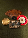 Oriental Fan, Brass Plate, Chicken Platter, Cast Aluminum Bluebirds