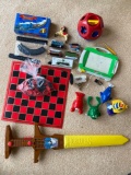 Toys: Hercules sword, Anastasia b. o. train set, checker board, (4) windup swimming sea animals