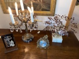 Electric candelabra, art metal tree w/ polished stones, Endurance clock, prayer of serenity plaque.