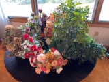 Artificial flowers, Fenton amber glass basket.
