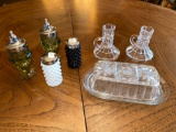 Salts & peppers, covered butter, pair candle holders.