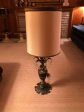 Ornate Metal Base Lamp with Large Shade and Prisms