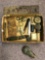 Flat of misc 19th century items, buckles, frames, pins, photo, spectacles, etc