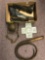 Flat of misc 19th century items, bits, ball, whip, holsters