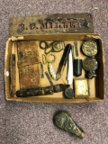 Flat of misc 19th century items, buckles, frames, pins, photo, spectacles, etc