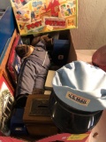 Collection of post office items, game, bank, flag, bear, tile, hats, diecast
