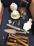 Glassware, pocketknives, lighter, ashtray, tools, etc