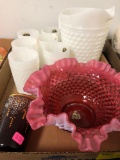 Cranberry opalescent bowl, Milk White Anchorglass milk glass pitcher set, tumbler