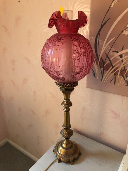 Fenton cranberry and brass table lamp