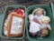 2 totes dolls, plates, Christmas, fire fighter items