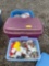 Three totes of fire fighter figurines, pots, pans, Tupperware