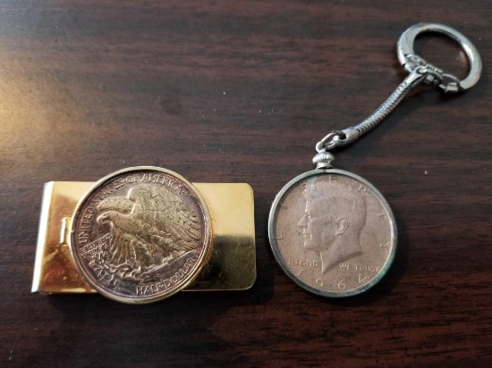 2 silver half fob and money clip, bid x 2