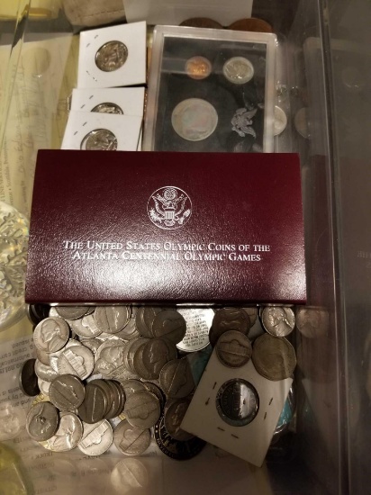 Box of older coins, mostly US