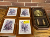 Quartz clock, 4 framed prints