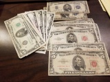 $5 bills, some red and blue seals. Bid x 16