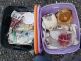 2 totes, dishes, teapots, Fenton baskets