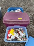 Three totes of fire fighter figurines, pots, pans, Tupperware