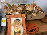 Two boxes of scarecrows, turkeys, fall decorations