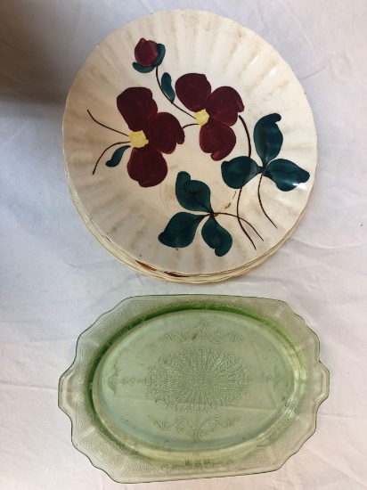 Blue Ridge plates, green depression glass platter