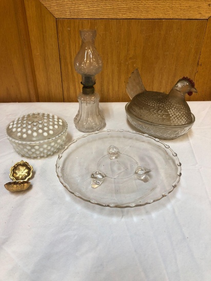 Glassware hen on nest, hobnail, Estee Lauder, etc