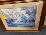 2 framed pictures and glass and metal display case (no key)