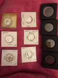 (8) silver US quarter coins, Canadian one cent coins
