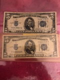 (2) five dollar silver certificates blue seal 1934