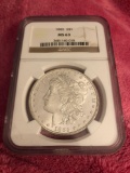 1885 liberty silver dollar coin, professionally graded