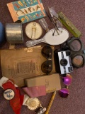 1 box miscellaneous items, some vintage, ribbons, old paper, vanity mirror, old camera and more