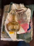 Linens, bedspread and 2 glass items