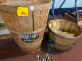 Old produce baskets, mason jar light fixture glass, pens